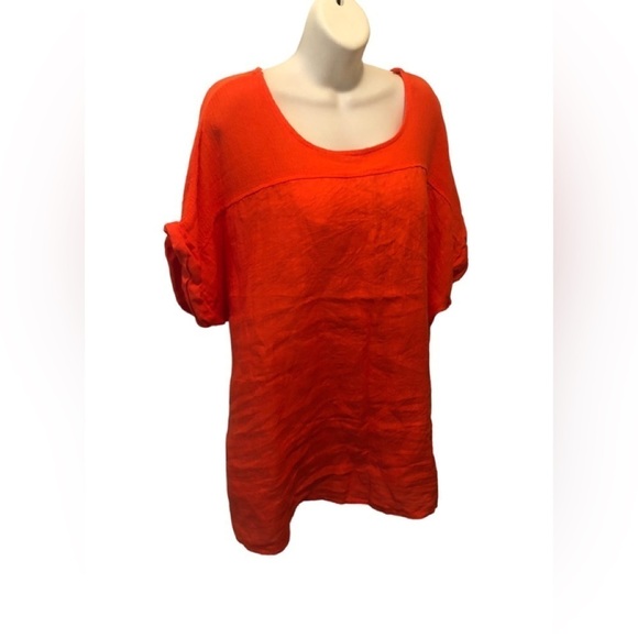 Bella Umbra 100% Linen Lagenlook Tunic Top Size 2X Orange Rolled Short Sleeve - Picture 1 of 6